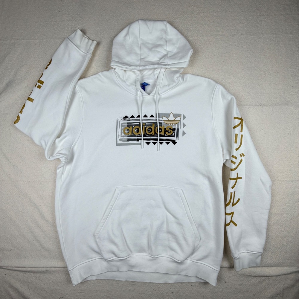Adidas Originals Mens 2XL White Gold Japanese Text Graphic Fleece Hoodie